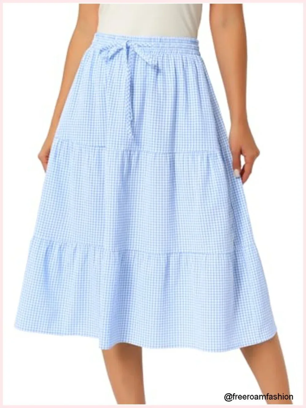 Women's Gingham Skirt Midi A-Line Tiered with Pockets Drawstring Waist